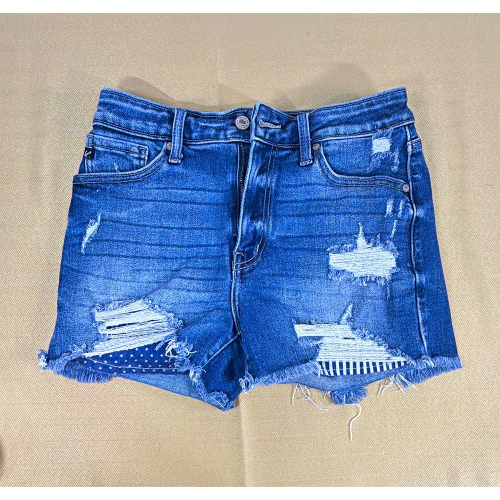 KanCan Women's Blue Denim Cut Off Shorts 27 Mid Rise Stretch 5-Pocket 2in
